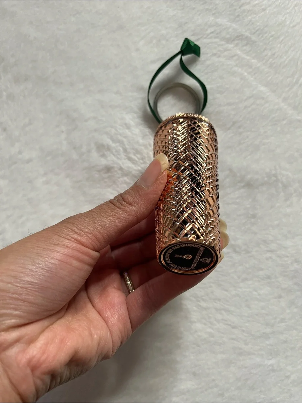 Starbucks Rose Gold Textured Tumbler Keychain with Green Ribbon Loop